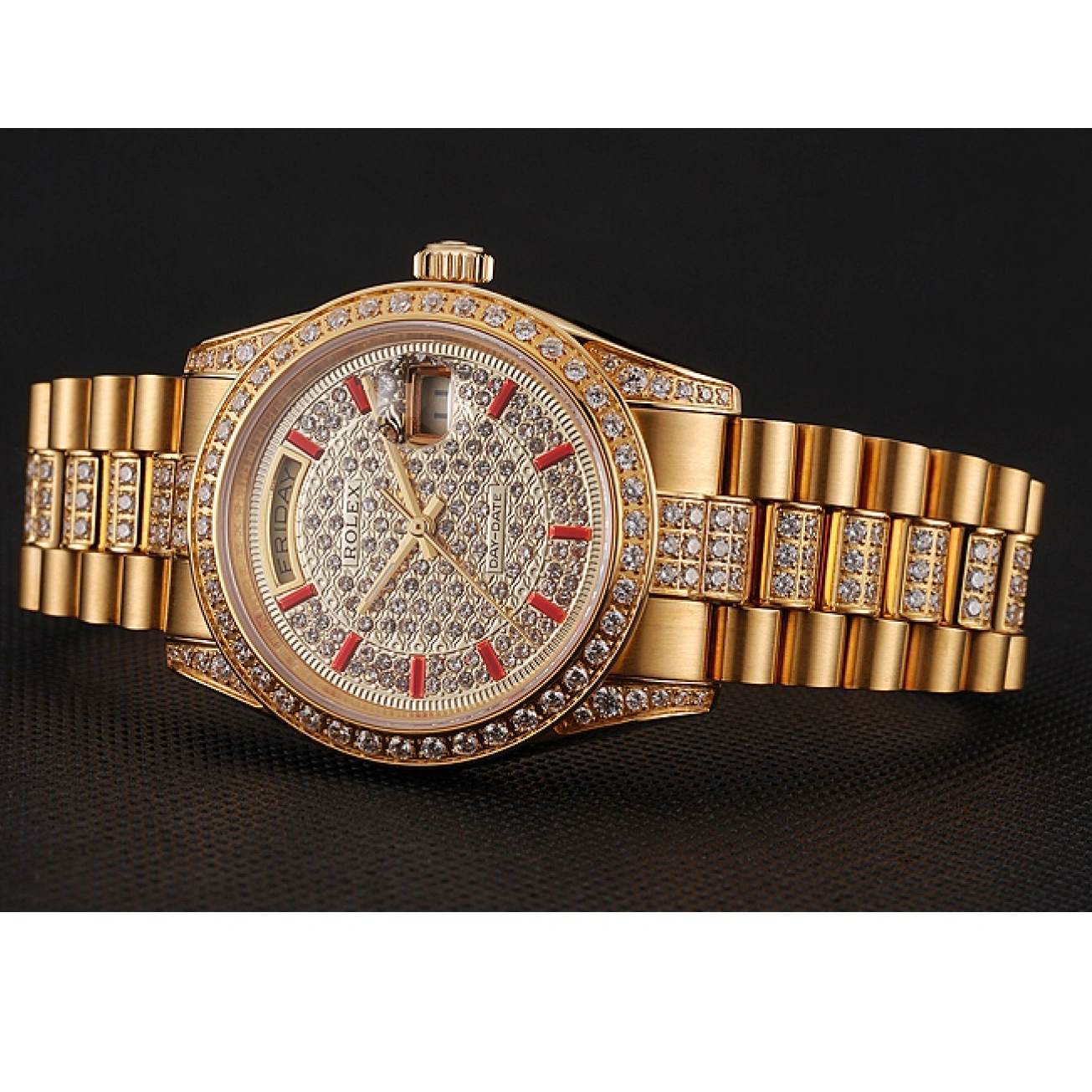 MiroTime 1015 Swiss Rolex Day-Date Red Diamond Pave Dial Gold Diamond Bracelet 1453960